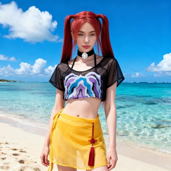 Women's 5-Piece Pop Singer Idol Cosplay Costume - Anime Style Black Mesh Crop Top & Yellow Bikini Swimsuit Set with Choker & Tassel Skirt for Stage & Beach