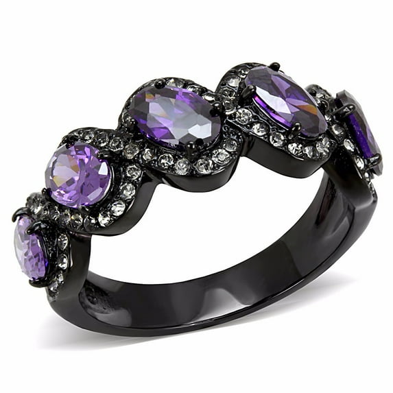 Women's 5 Purple Oval CZs set in Black IP Stainless Steel Wedding Band Ring - Size 7
