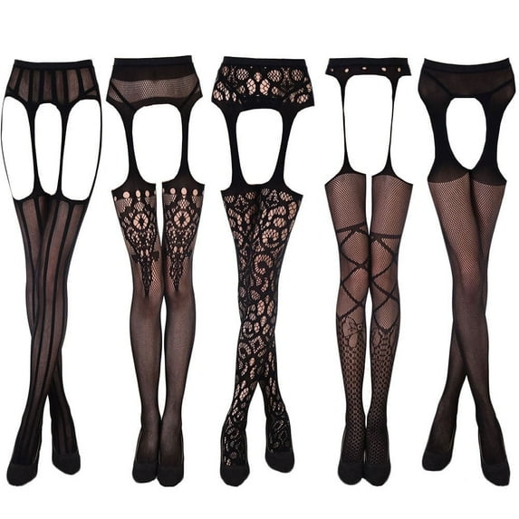 Women's 5 Styles Pack Crotchless Stockings Black Fashion Suspender Pantyhouse Super Stretch High Tigh Sexy Tights Sleepwear Gift For Girlfriend Wife