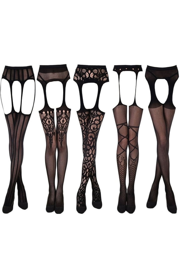 Women's 5 Styles Pack Crotchless Stockings Black Fashion Suspender Pantyhouse Super Stretch High Tigh Sexy Tights Sleepwear Gift For Girlfriend Wife