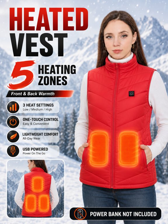 Women's 5-Zone Heated Vest, 3 Heat Levels Stand Collar Lightweight Quilted Thermal Vest, USB Powered Sleeveless Warm Jacket for Winter Commute Travel Layering (Power Bank Not Included)