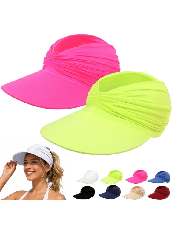 Women's 50+ UPF Foldable Sun Visor Hat Wide Brim Lightweight Ponytail Cap