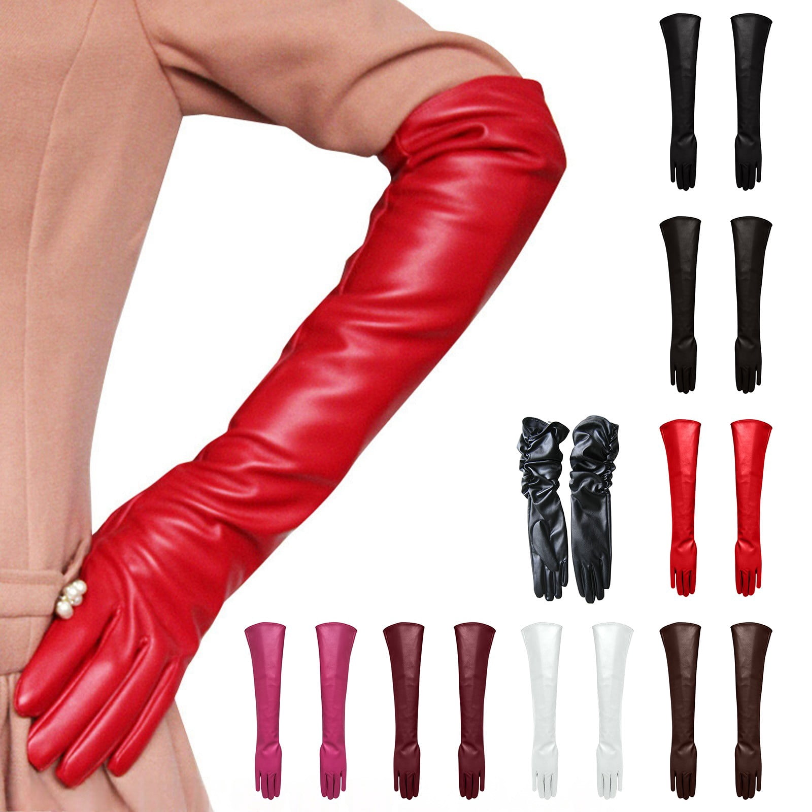 ladies dress gloves amazon Women's 50cm Long PU Leather Opera Colorful Floral Appliqué Prom Dress