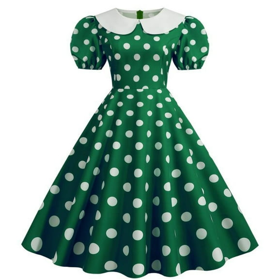 Women's 50s Vintage Puff Short Sleeves Polka Dot Cocktail Swing Dress 1950s Retro Flared Skater Prom Dress