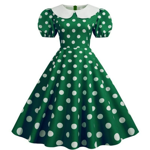 Women's 50s Vintage Puff Short Sleeves Polka Dot Cocktail Swing Dress 1950s Retro Flared Skater Prom Dress