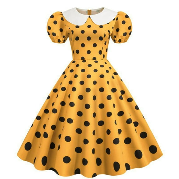 Women's 50s Vintage Puff Short Sleeves Polka Dot Cocktail Swing Dress 1950s Retro Flared Skater Prom Dress