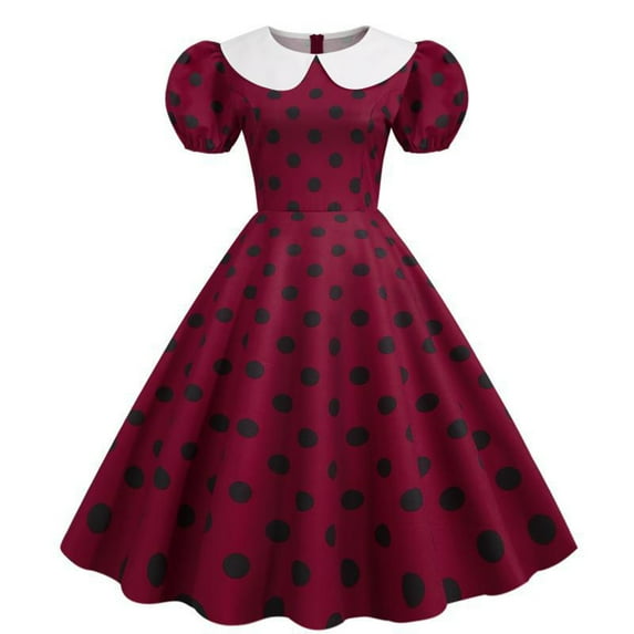 Women's 50s Vintage Puff Short Sleeves Polka Dot Cocktail Swing Dress 1950s Retro Flared Skater Prom Dress
