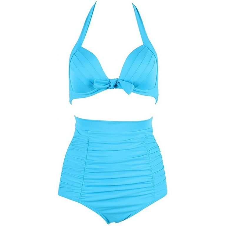 Women's 50s Vintage Retro Two Piece High Waisted Carnival Bikini Swimsuit  TEAL M