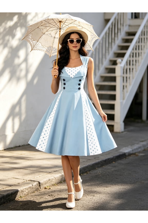 Women's 50s Vintage Rockabilly Polka Dot Patchwork Flare Midi Dress for Cosplay