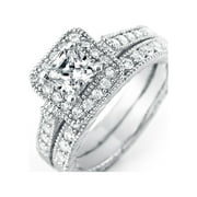 EVE'S ADDICTION Women's 5mm Princess Cust Halo Cz Engagement and Wedding Ring Set, Ring Size 6