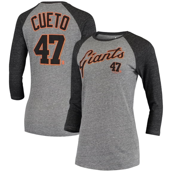 Women's 5th & Ocean by New Era Johnny Cueto Gray San Francisco Giants Script Name & Number Raglan Tri-Blend 3/4-Sleeve
