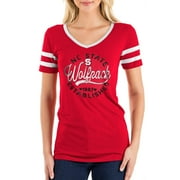 Women's 5th & Ocean by New Era Red NC State Wolfpack Striped Sleeve V-Neck T-Shirt