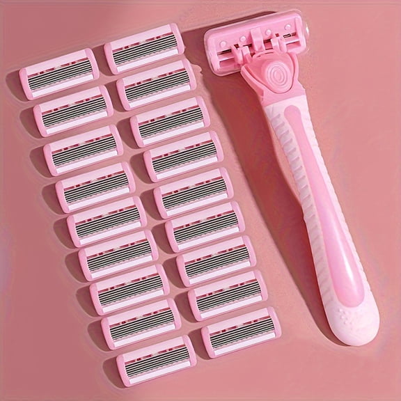 Women's 6-Layer Safety Manual Razor Set with 1 Handle and 16 Replacement Heads, Underarm Shaving Knife Bikini Trimmer for Legs and Body (Pink)
