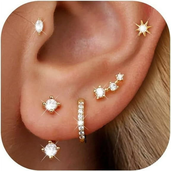 Women's 6 Pair Gold-platedd Hypoallergenic Cartilage Earrings for Multiple Piercings, Compact Stackable Gold Hoop Earrings Set