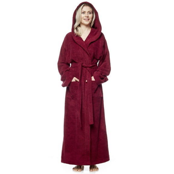 Women's 6 Tracks Stitching Full Length Hooded Turkish Cotton Bathrobe Medium - Burgundy
