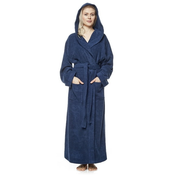 Women's 6 Tracks Stitching Full Length Hooded Turkish Cotton Bathrobe Large - Navy Blue