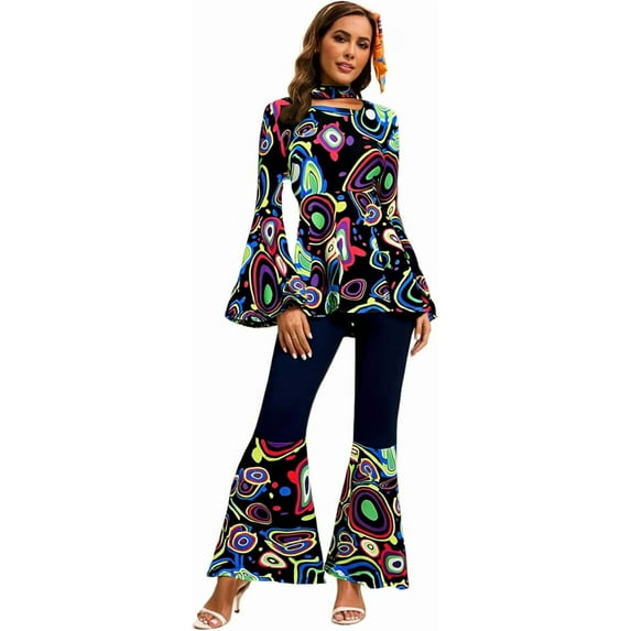 Women's 60s & 70s Hippie Costume Set - Floral Bohemian Outfit with Flared Sleeves & Pants