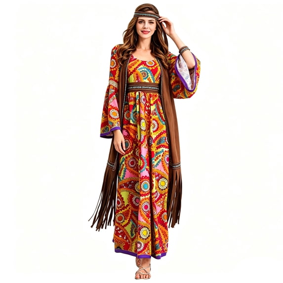 Women's 60s 70s Hippie Costume Set, Retro Boho Long Maxi Dress with Fringe Cardigan & Headband, Halloween Cosplay Party Outfit for Women