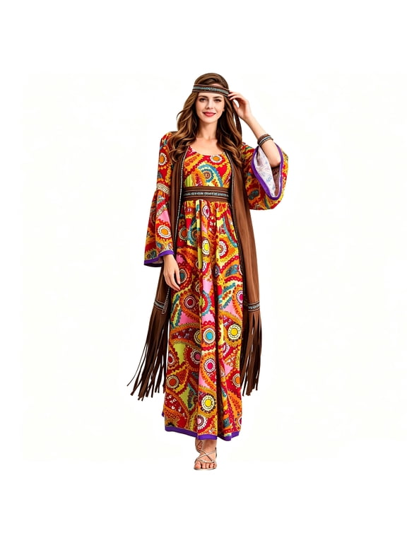 Women's 60s 70s Hippie Costume Set, Retro Boho Long Maxi Dress with Fringe Cardigan & Headband, Halloween Cosplay Party Outfit for Women