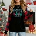 thumbnail image 1 of Women's 67 Bruh Christmas Graphic Long Sleeve Top, Plaid Sleeve Casual Sweatshirt For Holiday, 1 of 4