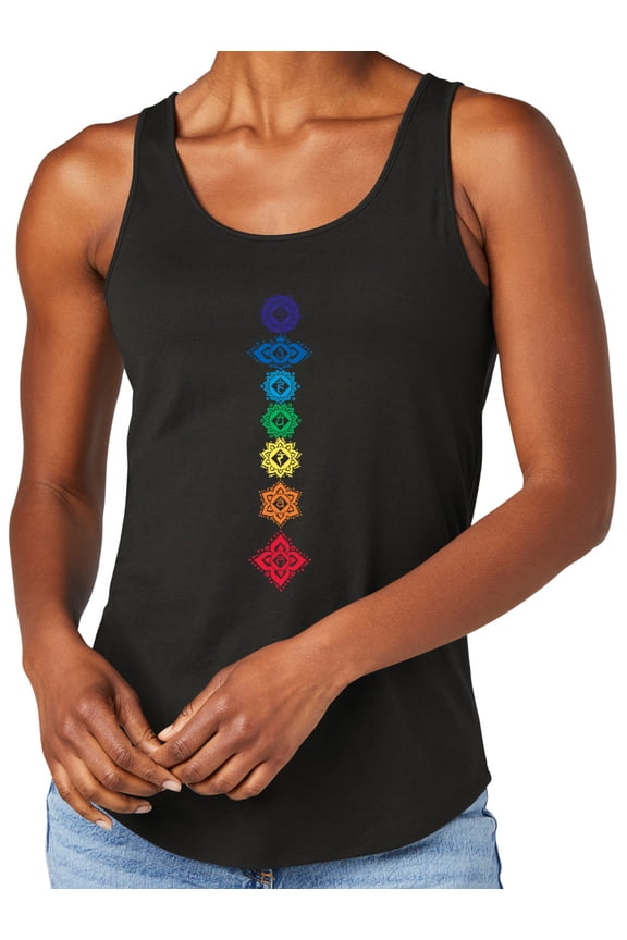 Women's 7 Floral Chakras Moisture-Wicking Relaxed Yoga Tank Top, Large Black