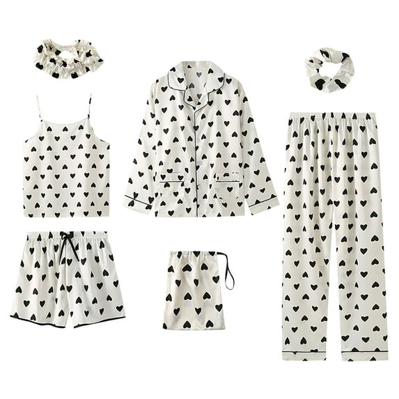 Women's 7 Piece Pajama Set Soft Satin Print Sleepwear Cami Pjs with Button Down Long Sleeve Shirt and Eye Mask