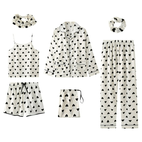 Women's 7 Piece Pajama Set Soft Satin Print Sleepwear Cami Pjs with Button Down Long Sleeve Shirt and Eye Mask