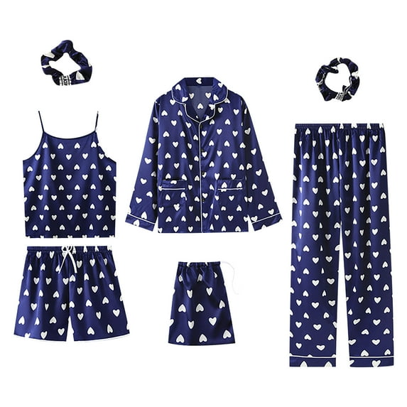 Women's 7 Piece Pajama Set Soft Satin Print Sleepwear Cami Pjs with Button Down Long Sleeve Shirt and Eye Mask