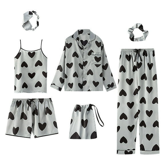 Women's 7 Piece Pajama Set Soft Satin Print Sleepwear Cami Pjs with Button Down Long Sleeve Shirt and Eye Mask
