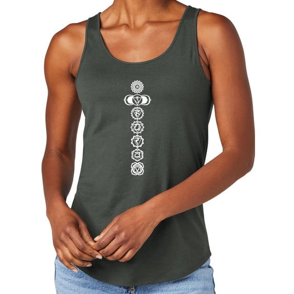 Women's 7 White Chakras Moisture-Wicking Relaxed Yoga Tank Top, Large Deepest Grey