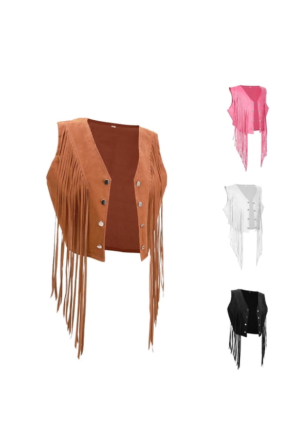 Women's 70s Hippie Faux Suede Jacket Coat Tassel Blouse Tunic Tops Vintage Solid Color Sleeveless Casual Loose Fit Bohemian Holiday Vacation Gift | CSEONE,Black L