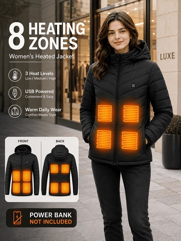 Women's 8-Zone Heated Jacket, 3 Heat Levels Hooded USB Powered Quilted Thermal Coat, Lightweight Warm Winter Outerwear for Daily Commute City Walk (Power Bank Not Included)