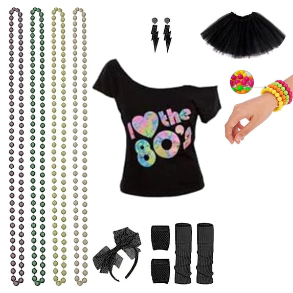 Women's 80's with Accessories Set Tutu Skirt Earrings Necklace Bracelets Fishnet Gloves Legwarmers Headband All in, L