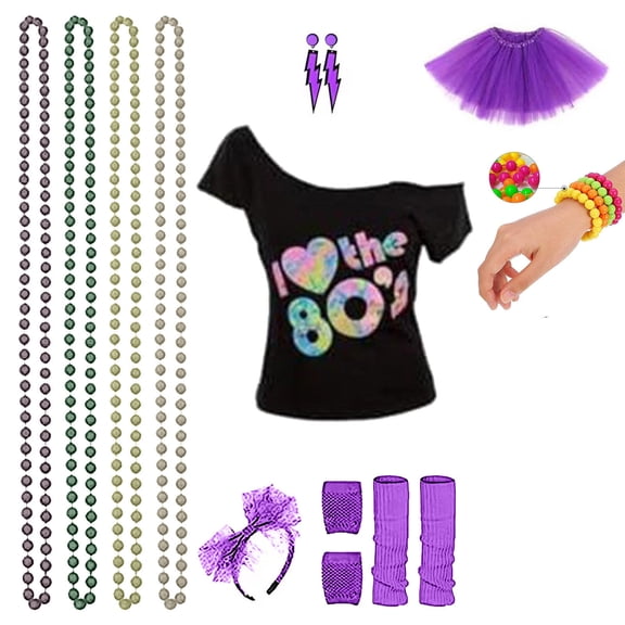Women's 80's with Accessories Set Tutu Skirt Earrings Necklace Bracelets Fishnet Gloves Legwarmers Headband All in, L