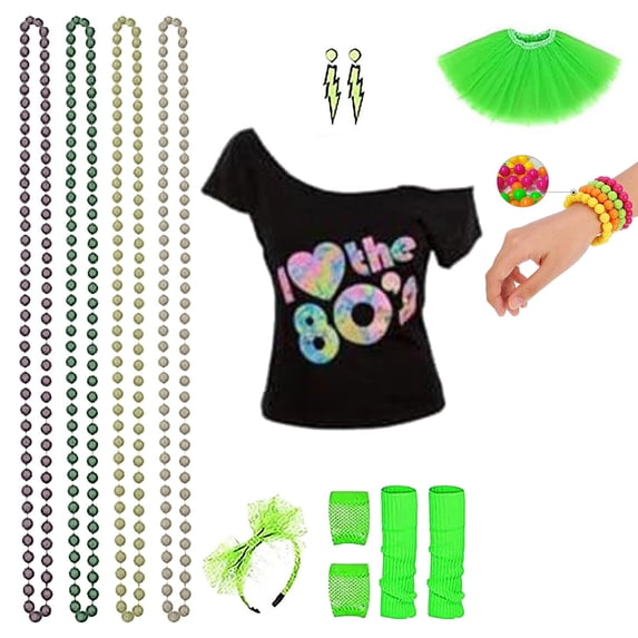 Women's 80's with Accessories Set Tutu Skirt Earrings Necklace Bracelets Fishnet Gloves Legwarmers Headband All in, XXL