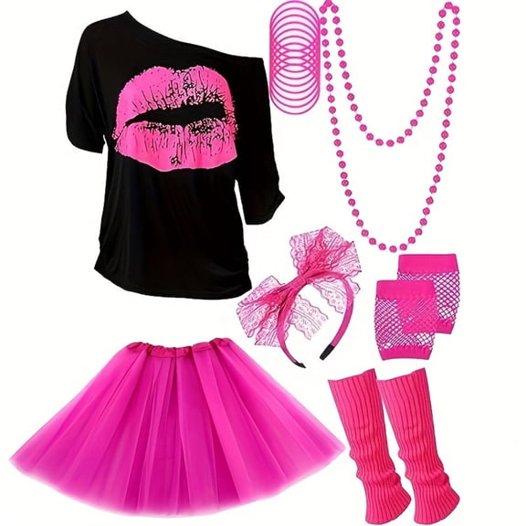 Women's 80's with Accessories Set Tutu Skirt Earrings Necklace Bracelets Fishnet Gloves Legwarmers Headband All