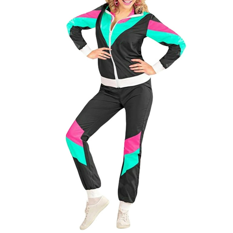 Women's 80s 90s Hip Hop Cosplay Costumes Disco Outfit Color Block  Windbreaker 2 Piece Outfits Tracksuit Set