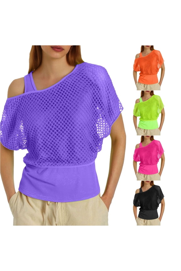 Women's 80s Neon Fishnet Mesh Top Off Shoulder Tops Graphic Tees