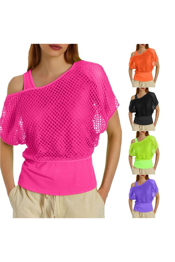 Women's 80s Neon Fishnet Mesh Top Off Shoulder Tops Graphic Tees