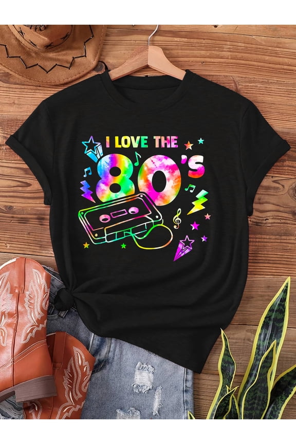 Women's 80s Retro Music Graphic T-Shirt - Vintage Cassette Tape & "I Love The 80s" Print, Short Sleeve Crew Neck Casual Top, Machine Washable All-Season Comfort Fit, Rock And Roll T Shirts