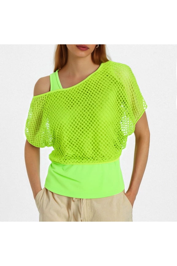 Women's 80s Style Neon Fishnet Mesh Top, Off Shoulder Party T-Shirt with Retro Design, Fashionable and Bold Top for Club Wear and Festive Outfits