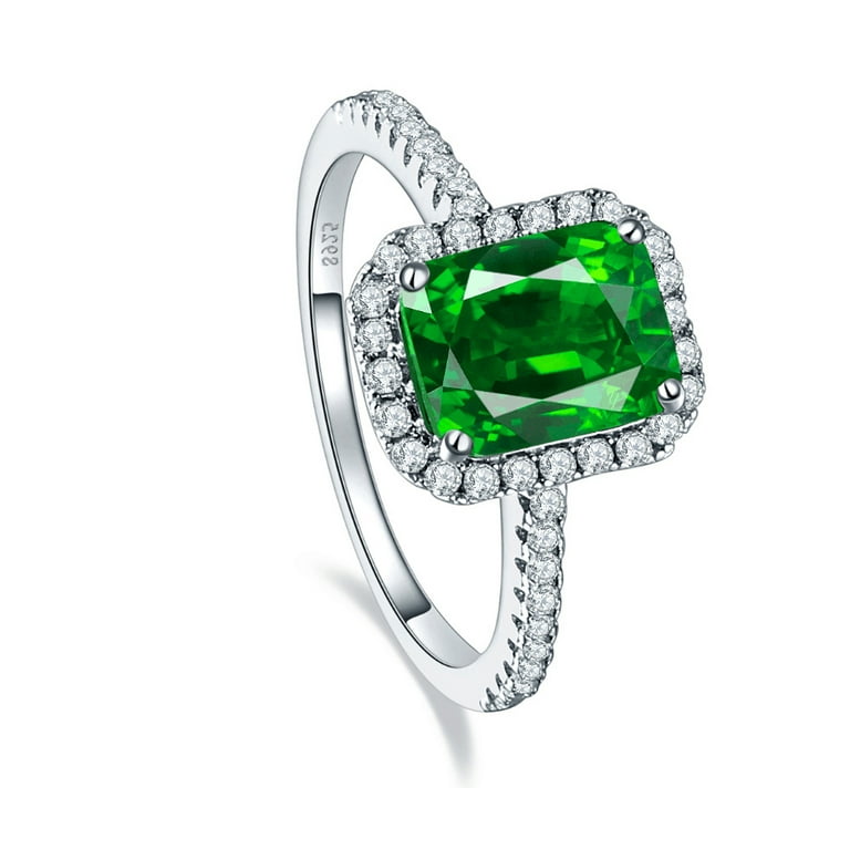 Women's 8x6mm Green Simulated Emerald 925 Sterling Silver Cubic