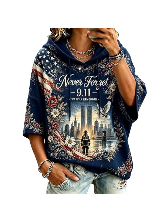 Women's 9/11 25th Anniversary Hoodies Flag Printed Vintage Never Forget 911 Sweatshirt American Flag Patriotic Pullover