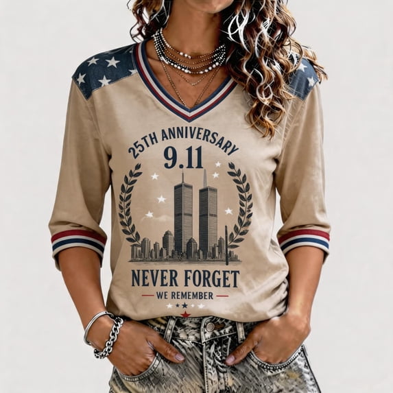 Women's 9/11 25th Anniversary Shirt, Never Forget Memorial Graphic V Neck 3/4 Sleeve Top, Patriotic Twin Towers 2001-2026 T-Shirt