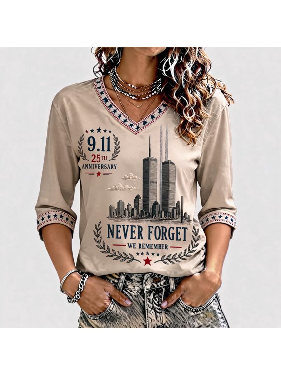 Women's 9/11 25th Anniversary Shirt, Never Forget Memorial Graphic V Neck 3/4 Sleeve Top, Patriotic Twin Towers 2001-2026 T-Shirt