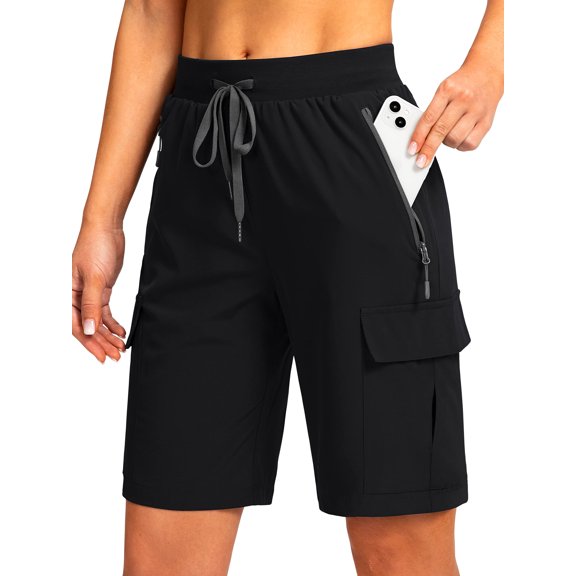 Women's 9" Cargo Hiking Shorts Quick Dry Lightweight Athletic Shorts with Zipper Pockets for Women Summer Golf Black M