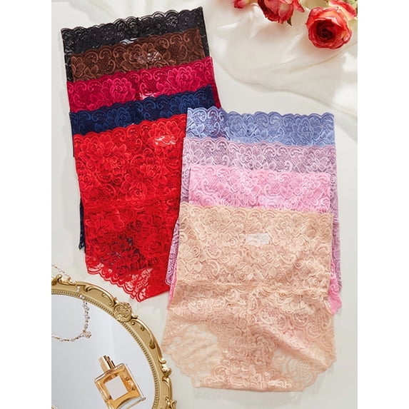 Women's 9 Piece Floral Lace High Waist Briefs Scallop Trim Panties Underwear