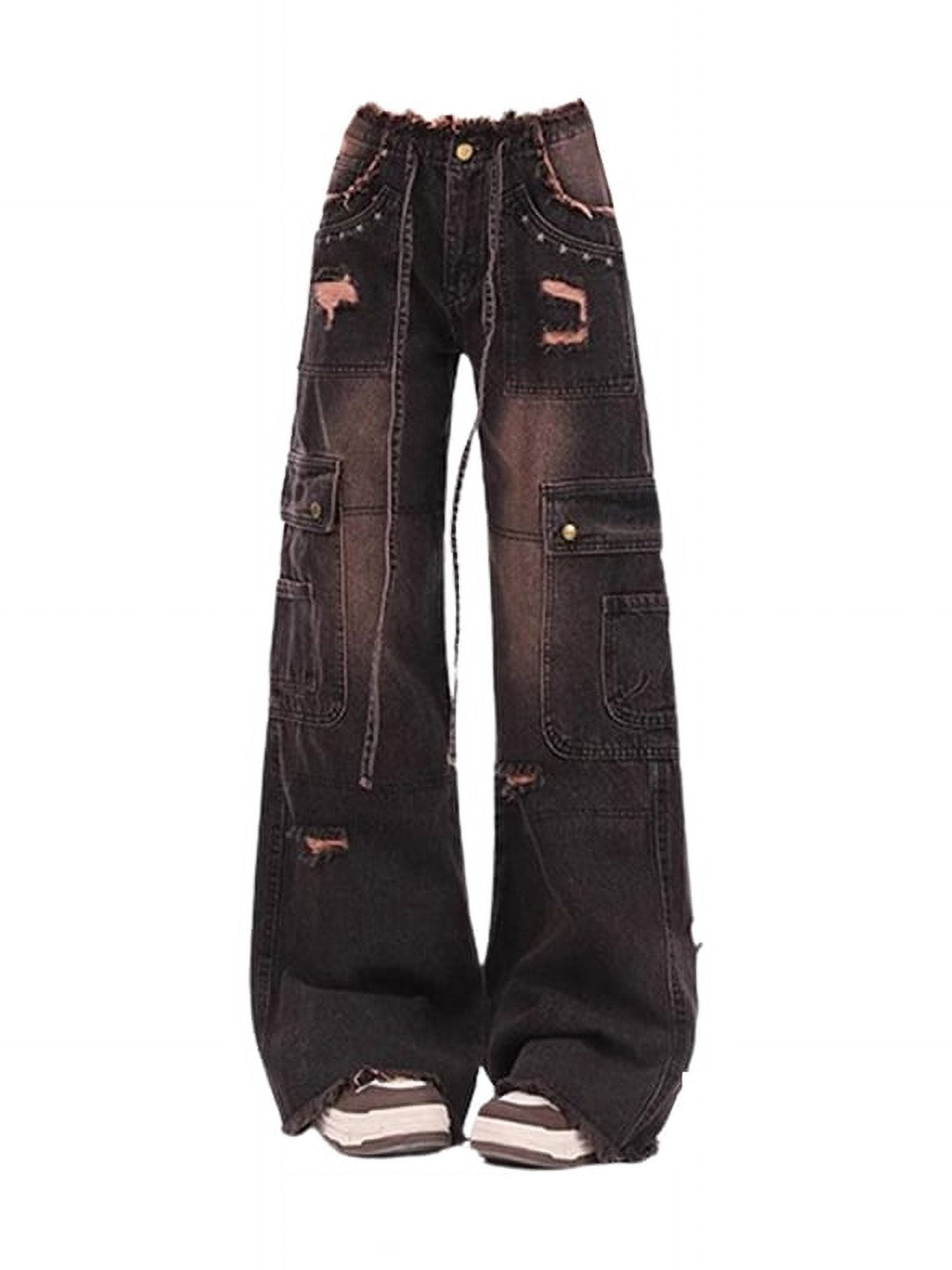 Women's Black Gothic Baggy Cargo Jeans with Star Harajuku Women's Black Gothic Baggy Cargo Jeans with Star Harajuku