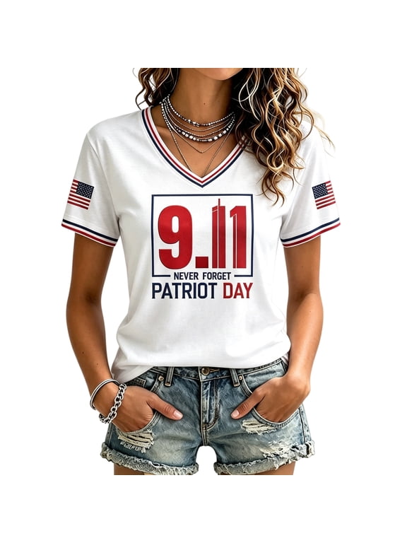 Women's 911 25th Anniversary Shirt Short Sleeve V Neck 911 Tshirt Never Forget American Flag Patriotic Memorial Casual Tee