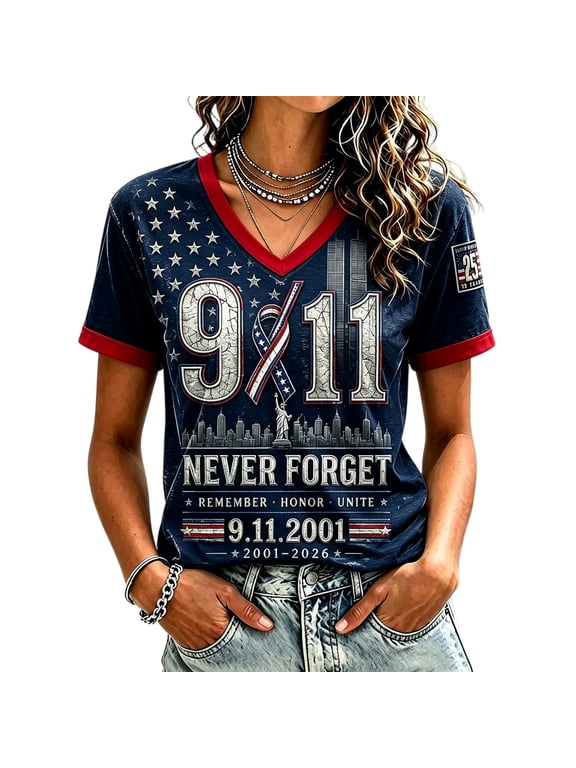 Women's 911 25th Anniversary V Neck Shirt Never Forget 9/11 American Flag Patriotic Tshirt Short Sleeve Memorial Faith Hope Tee Tops